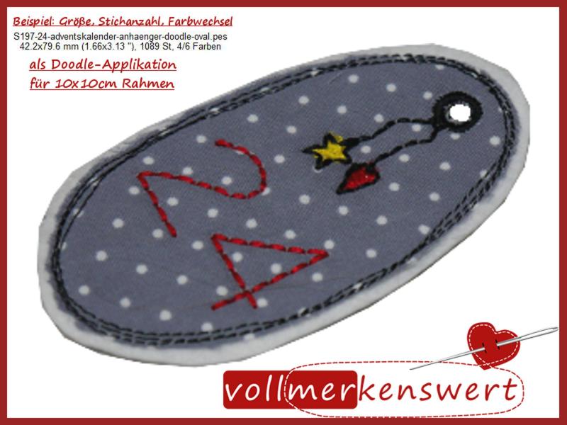 25 Stickdateien im Set 24 Adventskalenderzahlen Anhänger + 1x blanko für Adventskalender im Doodle-Rahmen für 10x10cm Stickrahmen